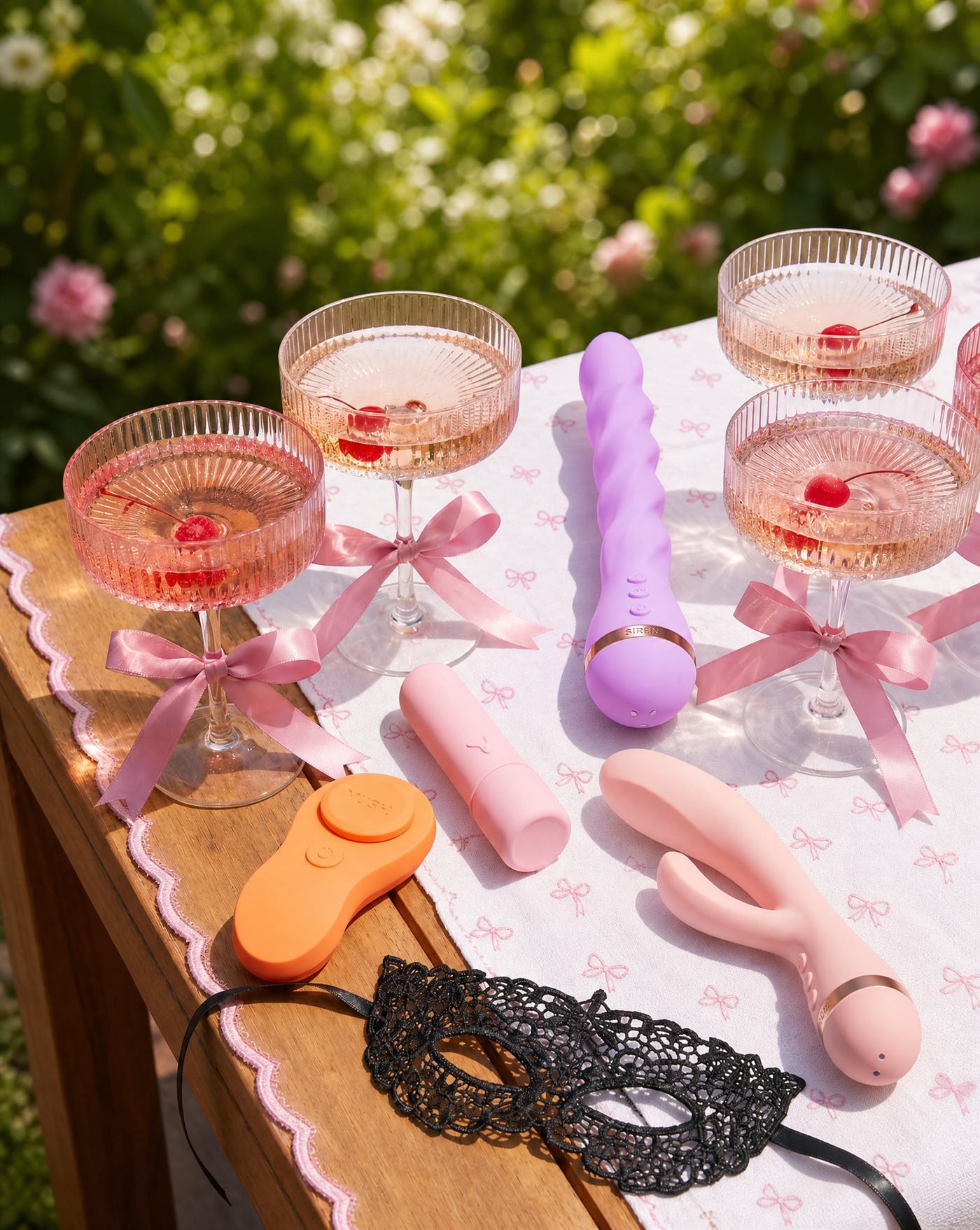 A garden party table with coupes tied in pink bows, VUSH pieces and a lace mask
