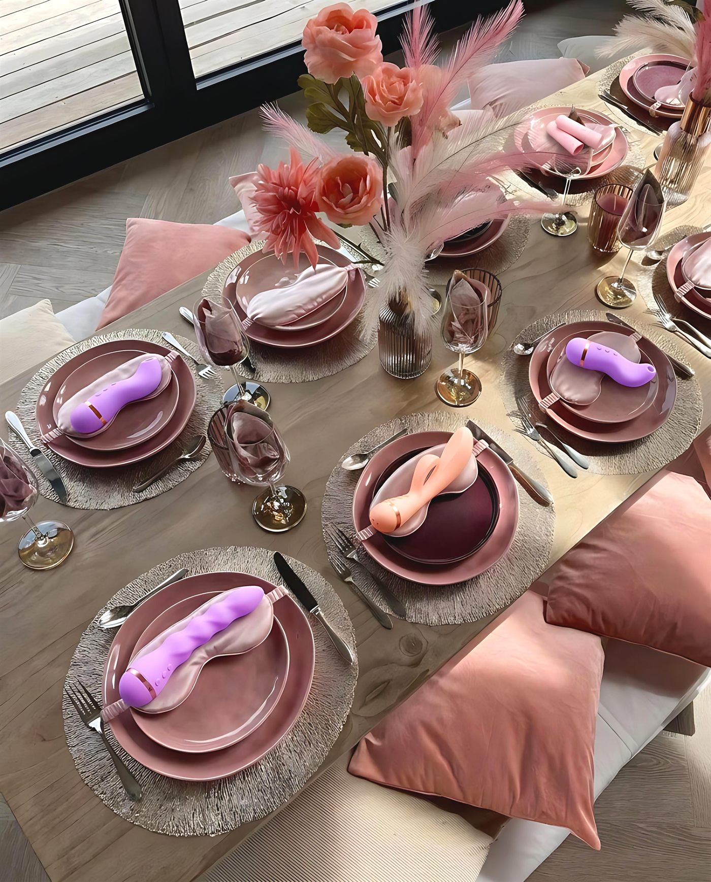 A table set with blush plates, fresh flowers and a VUSH piece at every place setting